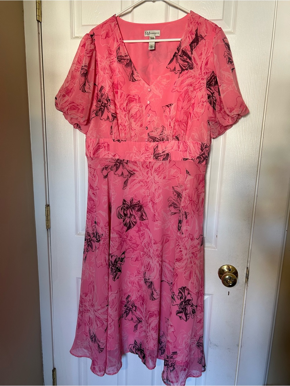 Neiman Marcus Pink Floral V-Neck Midi Dress